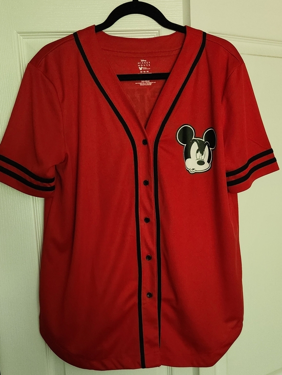 Disney Tops - Disney Red Baseball-Style Womans Shirt with Black Trim and Mickey Patch